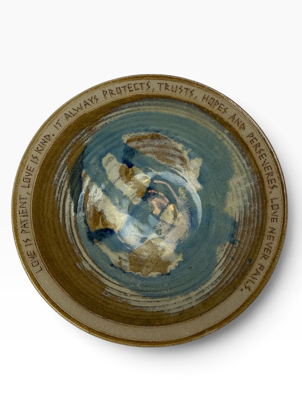 “Love Is Patient” Studio Pottery Bowl By Artist Bryan Becker Blue/Brown